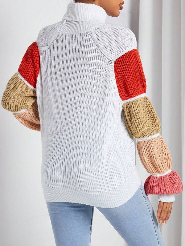 Women'S Turtleneck Color - Block Raglan Sleeve Sweater - SmartBuyApparel - Women Sweaters