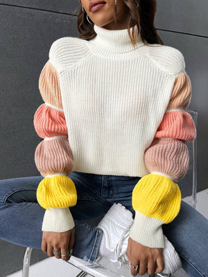 Women'S Turtleneck Color - Block Raglan Sleeve Sweater - SmartBuyApparel - Women Sweaters