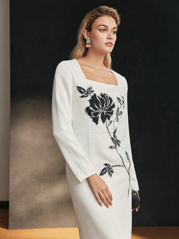 ZELEN ELEGANT FLORAL EMBROIDERY FITTED DRESS - SmartBuyApparel - Women Midi Dresses