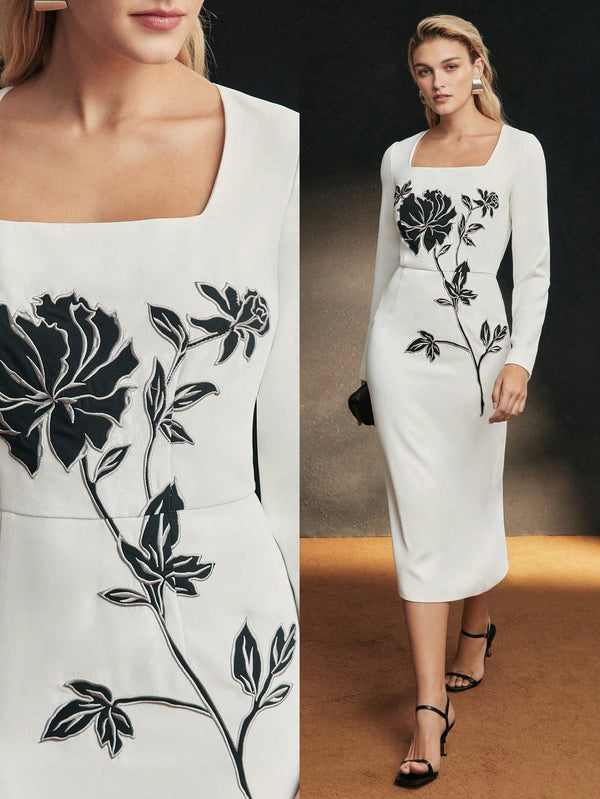 ZELEN ELEGANT FLORAL EMBROIDERY FITTED DRESS - SmartBuyApparel - Women Midi Dresses