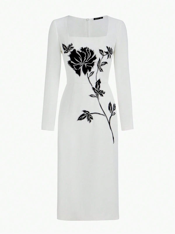 ZELEN ELEGANT FLORAL EMBROIDERY FITTED DRESS - SmartBuyApparel - Women Midi Dresses