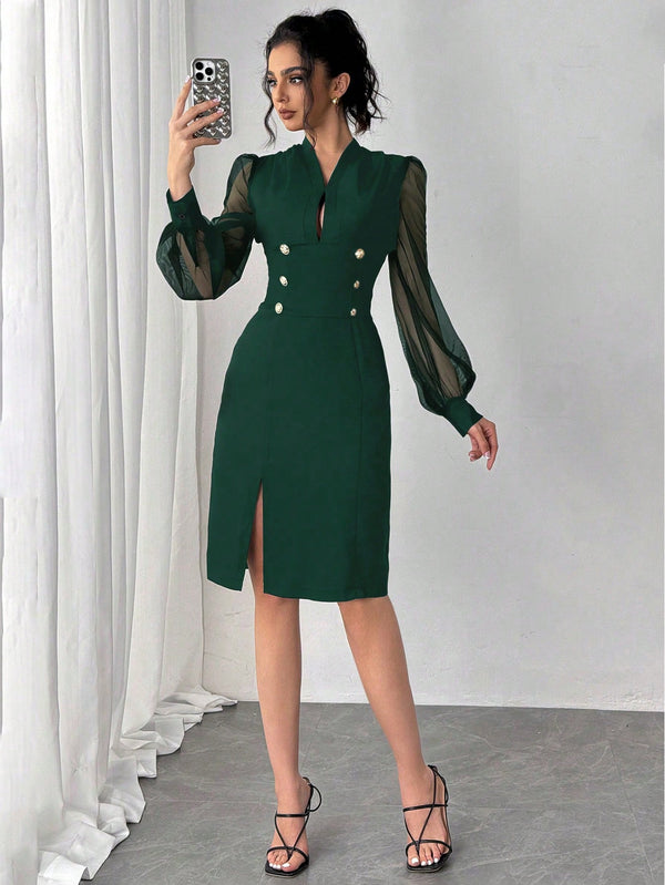 ZENA Elegant Commuter Dress With Mesh Splice Sleeves - SmartBuyApparel - Women Midi Dresses