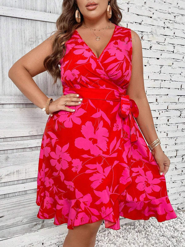 VCAY Plus Size Floral Print Knot Side Ruffle Trim Wrap Dress