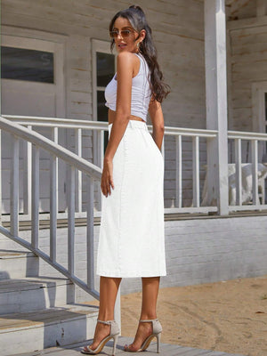 Button Front Denim Skirt (White)