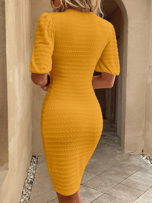 Privé Solid Puff Sleeve Bodycon Dress (Mustard Yellow)
