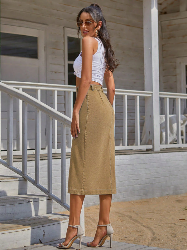 Button Front Denim Skirt (Brown)
