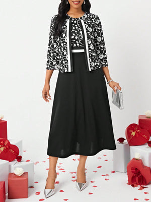 Lady Floral Print Jacket And Dress Set With Open Front