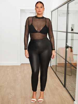 Plus Size Sheer Mesh Long Sleeve Top And Pants Set Without Bra