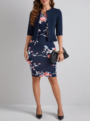 Clasi Women's Solid Color Coat & Flower Print Dress 2pcs/Set (Navy Blue)