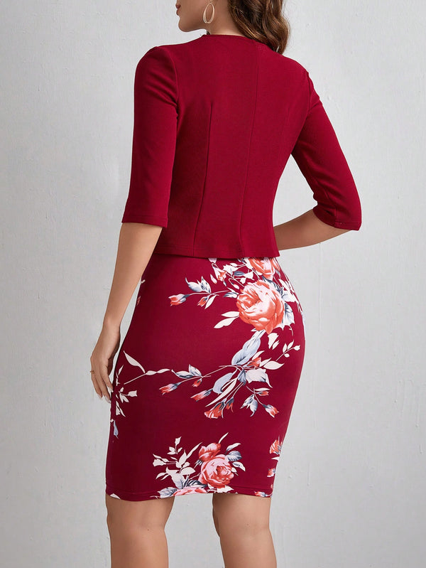 Clasi Women's Solid Color Coat & Flower Print Dress 2pcs/Set (Burgundy)