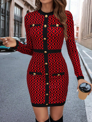 Clasi Women's Geometric Pattern Button Decorated Dress(Burgundy)