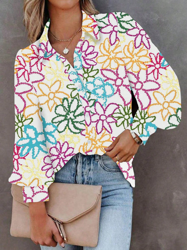 LUNE Women'S Colorful Flower Print Long Sleeve Shirt (Multicolor)