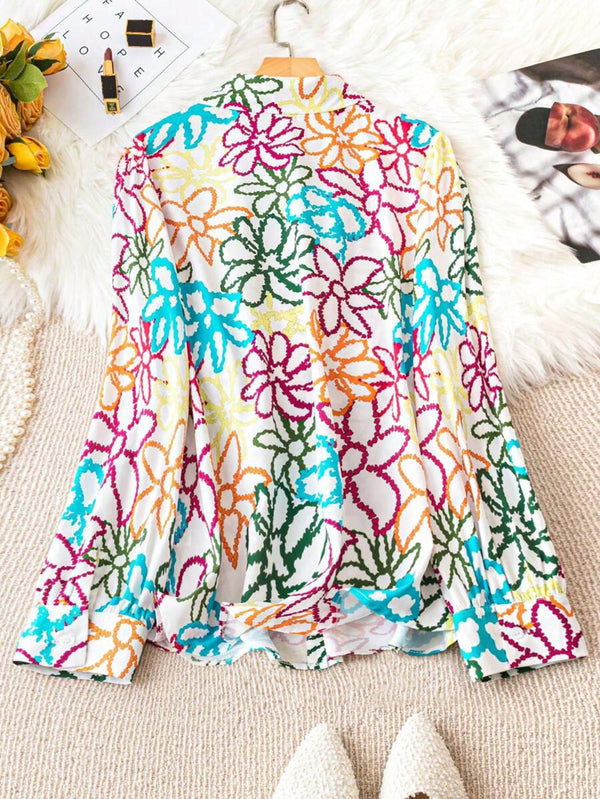 LUNE Women'S Colorful Flower Print Long Sleeve Shirt (Multicolor)
