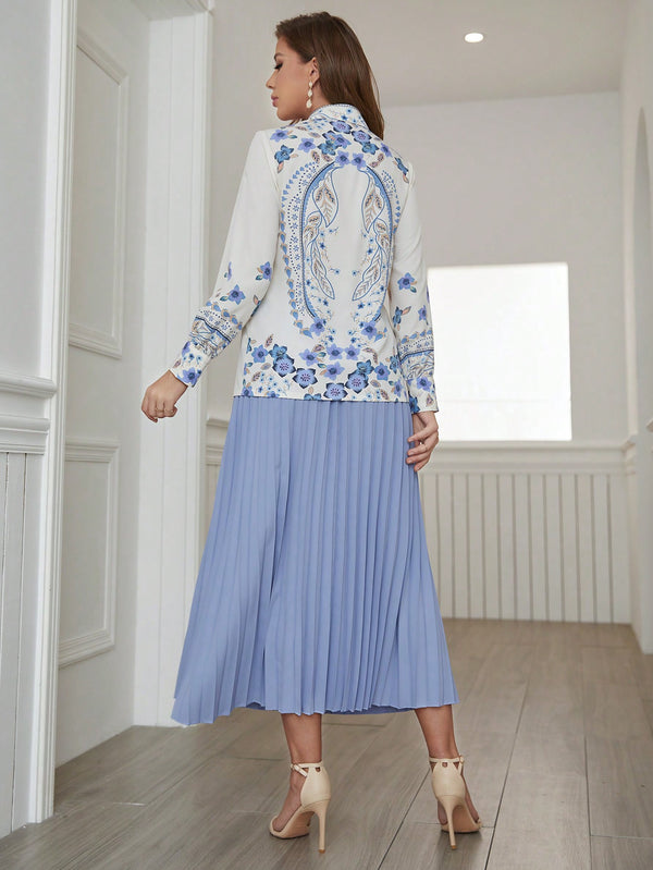Mulvari Floral Print Blouse & Pleated Skirt (Blue)