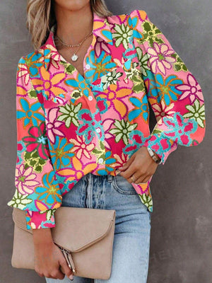 LUNE Women'S Colorful Flower Print Long Sleeve Shirt (Multicolor-3)