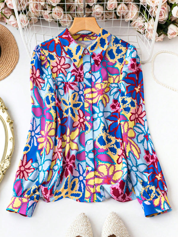 LUNE Women'S Colorful Flower Print Long Sleeve Shirt (Multicolor-2)