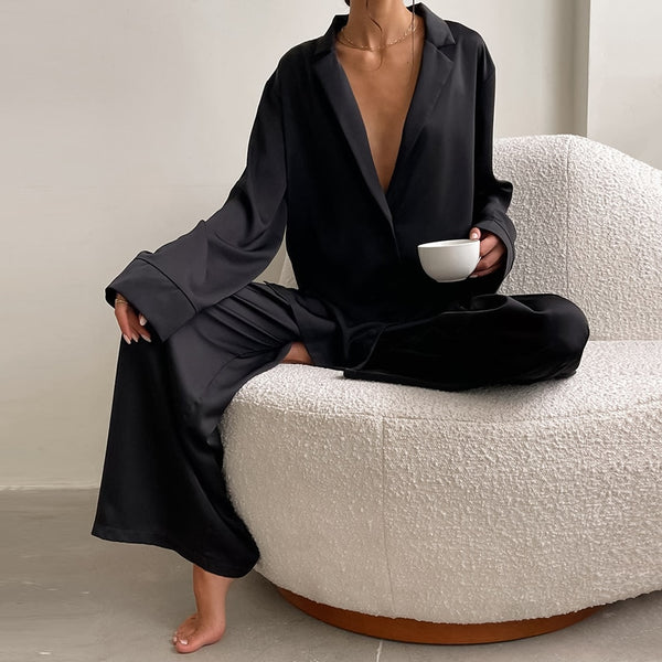 Hiloc Oversized Satin Silk Sleepwear Low Cut Sexy Pajamas For Women Single-Breasted Long Sleeves Wide Leg Pants Trouser Suits