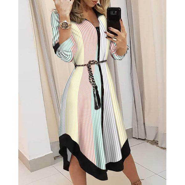 Spring Autumn Lady Cover Up Wave Print Long Sleeve V-Neck Casual Loose Midi Dress