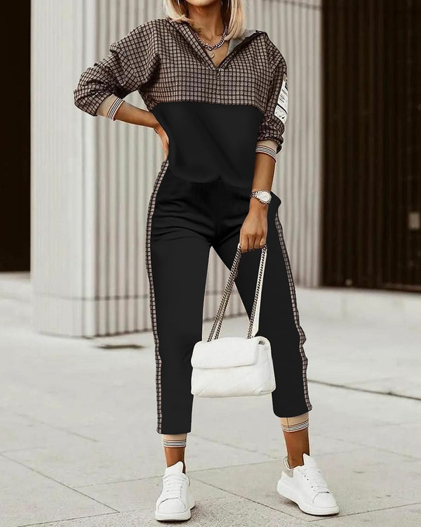 New Fashion Women Plaid Print Zipper Front Hooded Top & Pants Set Two Pieces Suit Flare Pants Outwear
