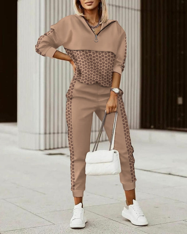 New Fashion Women Plaid Print Zipper Front Hooded Top & Pants Set Two Pieces Suit Flare Pants Outwear