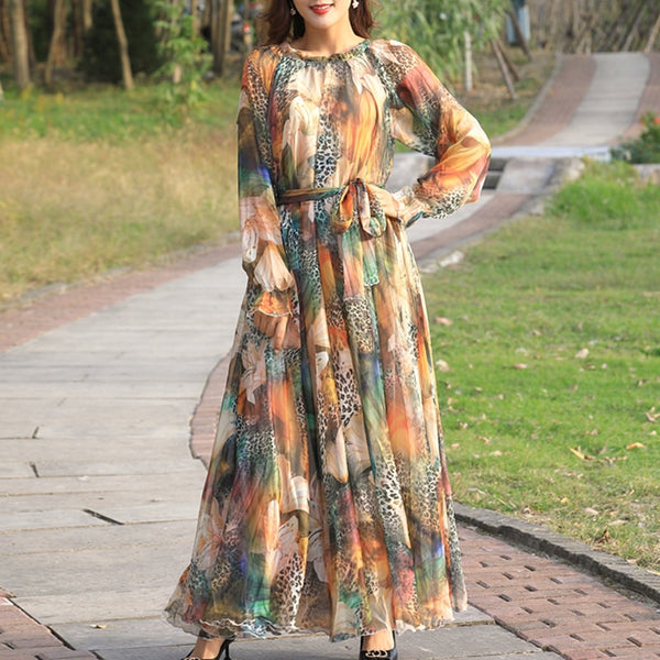 Maxi Dress Floral Printed Loose Chiffon Fashion Abaya Kaftan Long Dress