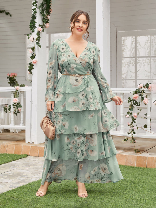 TOLEEN Plus Size Maxi Dress Spring Green Casual Chic Elegant Long Sleeve Floral Party Evening Female Clothing