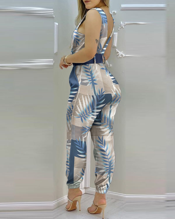 Summer Holiday Casual Long Jumpsuits (Without Belt) Sleeveless Pocket Backless  Sexy V Neck Tropical Print