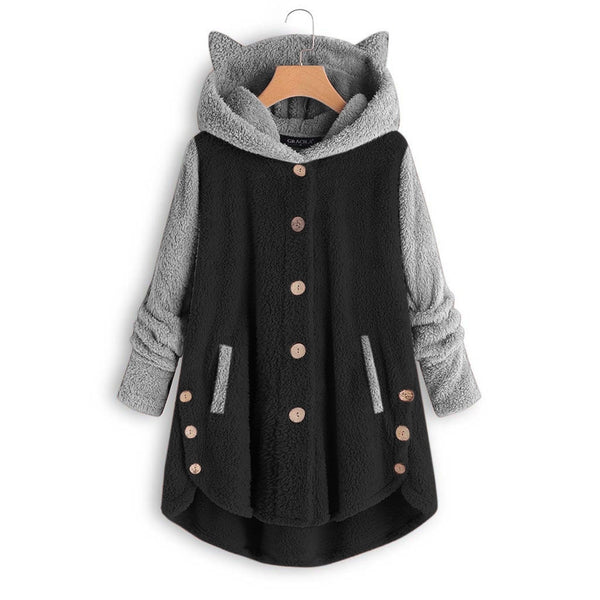 Fashion Cute Cat Hoodies Sweatshirts Winter Warm Hooded Tops Loose Soft Patchwork Coat