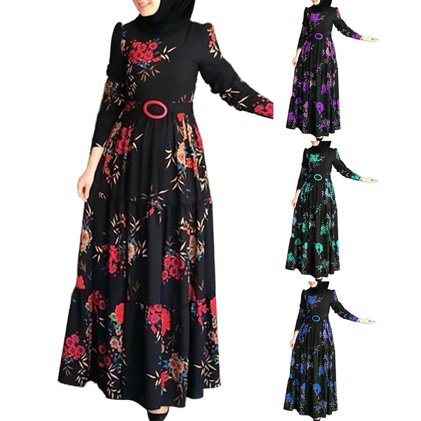 Women Long Sleeve Abaya Dress Ethnic Floral Print Belt Maxi Kaftan Robe