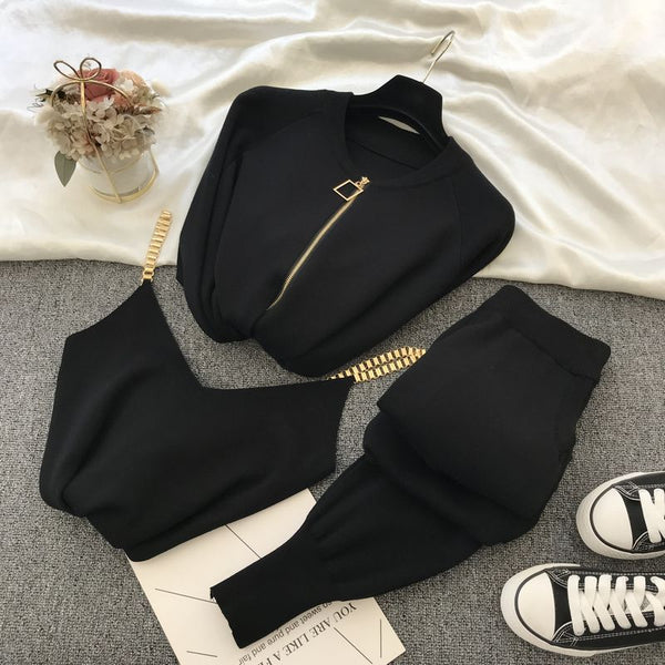 Zipper Knitted Cardigans Sweaters + Pants Sets + Vest Woman Fashion Jumpers Trousers 2 PCS Costumes Outfit