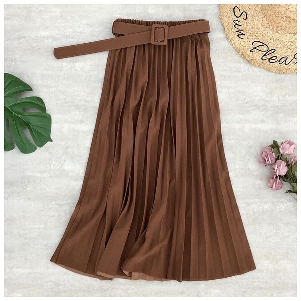High Waist Women Skirt Casual Vintage Solid Belted Pleated Midi Skirts Lady 19 Colors Fashion Simple Saia Mujer Faldas