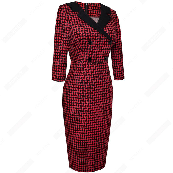 Vintage Classic Houndstooth Charming  Fashion Chic Button V Neck Pencil Dress EB570
