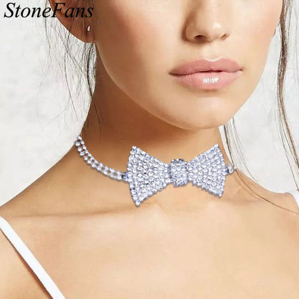 Stonefans Classic Crystal Bow Tie Necklace Choker Collar Chain Fashion Lady Iced Out Rhinestone Tennis Chain Necklace