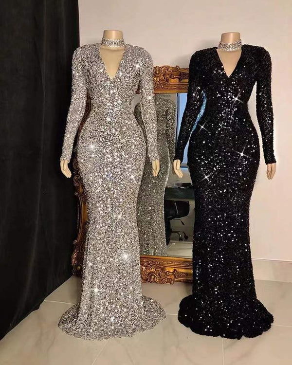 V Neck Long Sleeve Sequin Dress Elegant Evening Dress Party Maxi Dress Ladies Trailing Dresses