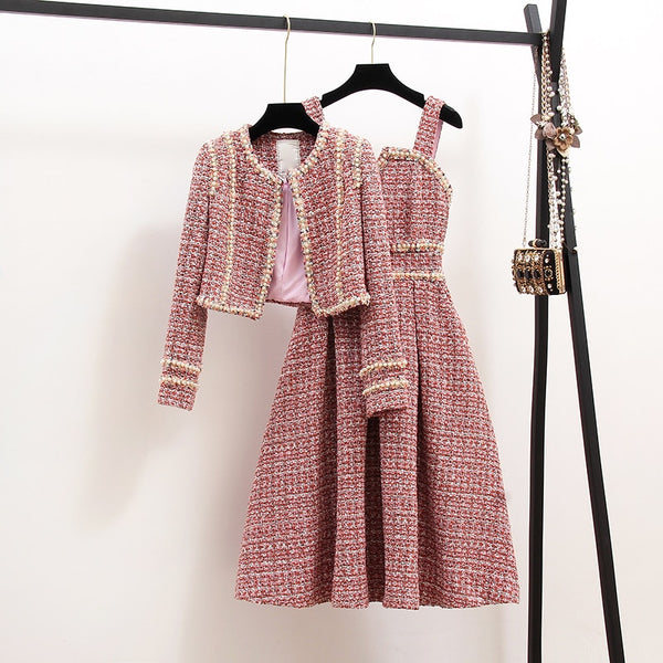 New Autumn High Quality 2 Piece Set Tweed Short Jacket Coat+Beaded Vest Dress Elegant Fashion Party Dresses 2 Sets