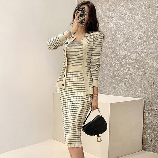 H Han Queen Knitted 3-Pieces Set Women Knitted Sling + Cardigan And Pencil Skirts Casual Simple Office Lady Skirt Suit