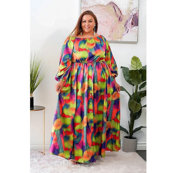Printed Full Sleeve Plus Size Women Maxi Dress Round Neck Clothing for Ladies Casual Outfit Autumn New Clothes 4XL 5XL