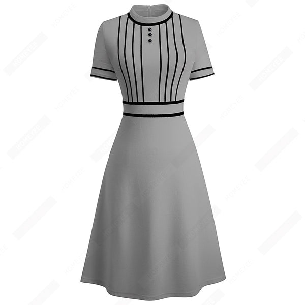 Women Elegant Brief O Neck Buttons Designed Lines Casual Fashion Patchwork Party Swing A Line Dress EA245