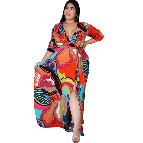 CM.YAYA Plus Size Dress Print Half Sleeve V-neck Split Loose Maxi Bohemian Dresses Bandage Sashes Sexy Streetwear Summer