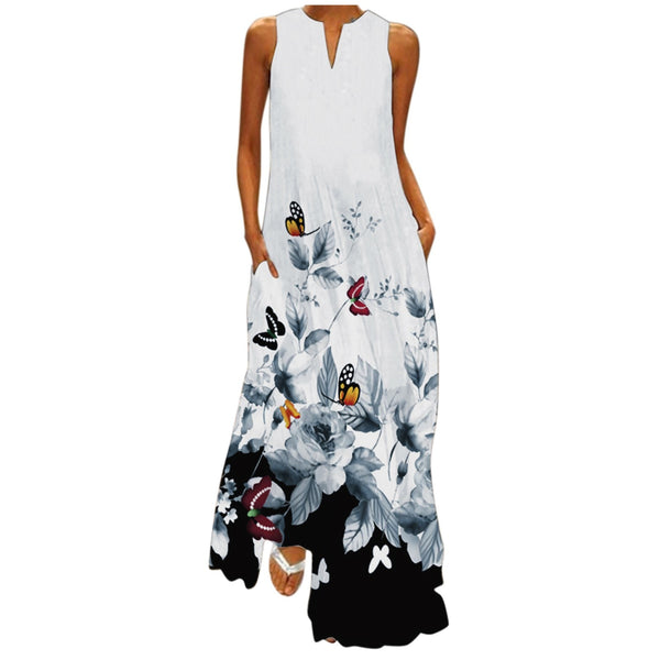 New Fashion Summer Dress Floral Print Sleeveless V-Neck Maxi Dress Summer Party Vest Dress With Pockets Vestidos