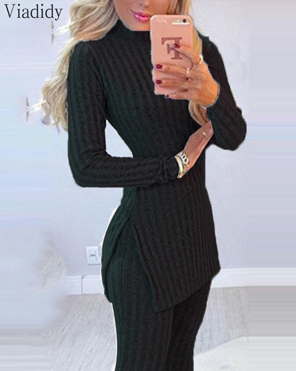 Winter 2pcs Suit Long Sleeve Ribbed Slit Long Top and High Waist Knitted Pencil Pants Set