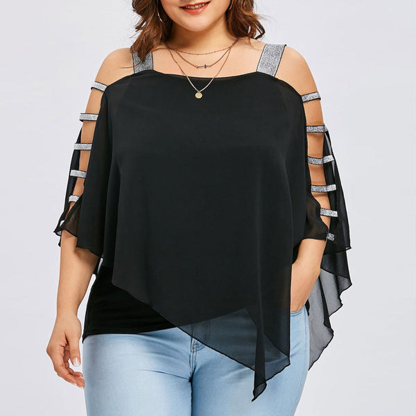 Sexy Fashion Plus Size Tops Ladder Sling Cut Overlay Patchwork Hollow Out Blouse Strapless Tops Flare Sleeves Blouse