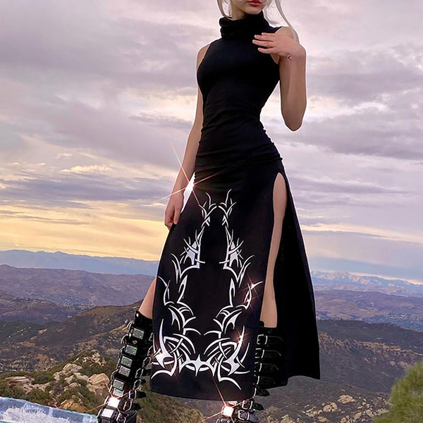Sexy Women's High Split Dress Gothic Style Sleeveless Long Dress Turtleneck Vintage Ladies Sheath Club Long Dress Sundress