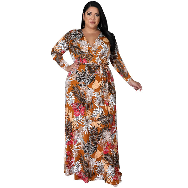 Plus Size Printed Floor Dress Collect Waist Oversized Clothing  Maxi Dresses for Women Autumn Clothes Trendy  Vestido Feminino