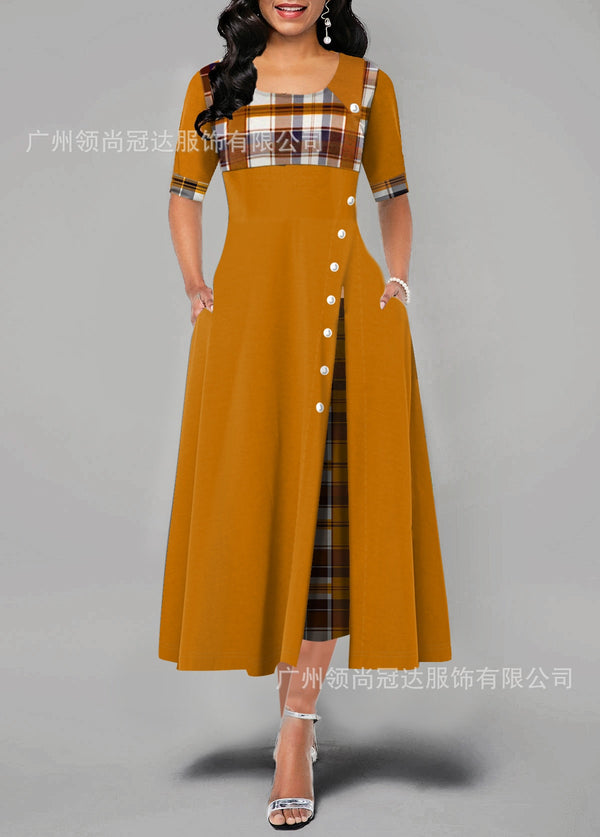 Summer Fashion Women Loose Boho Elegant Dress Large Big Party O-Neck Plaid Half Sleeve Irregular Long Dresses