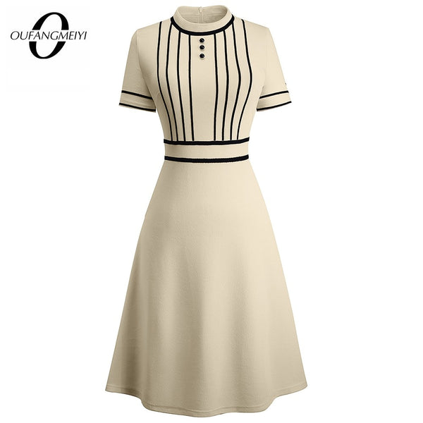Women Elegant Brief O Neck Buttons Designed Lines Casual Fashion Patchwork Party Swing A Line Dress EA245