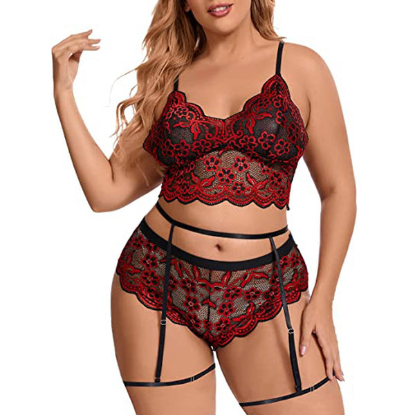 Plus Size Women Sexy Lingerie Set Embroidery Lace Bra And Thongs Underwear Set Perspective Mesh Floral Erotic Lingerie Sexy