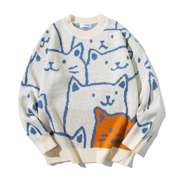 Cute Cartoon Cat Sweater for Women O-neck Knitted Men's Autumn Winter New Loose Fit Couple Pullovers Lady Knit Coat