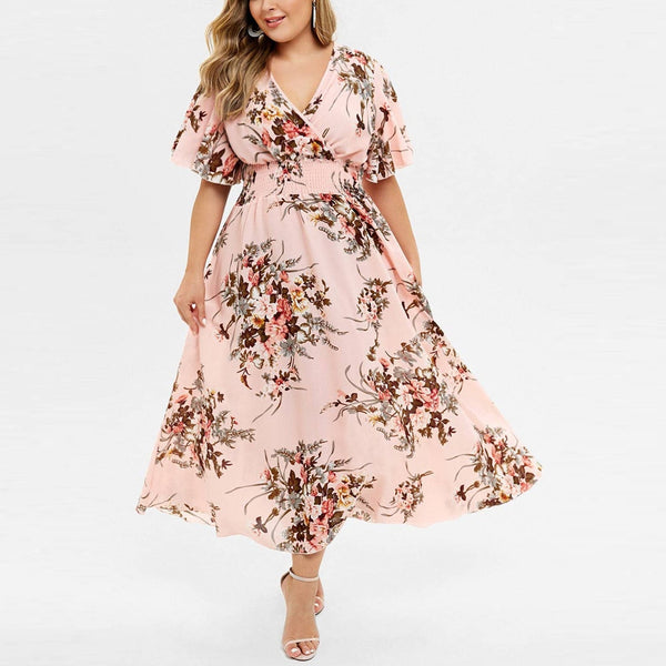 Plus Size Floral Maxi Dress Women's Summer V-Neck Bohemian Beach Sundress Casual Large Size Long Dress vestidos verano платье