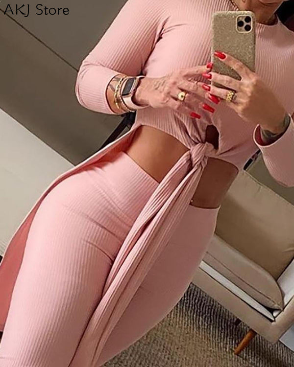 Sexy Two Piece Outfits Solid Knotted Top & High Waist Pants Set